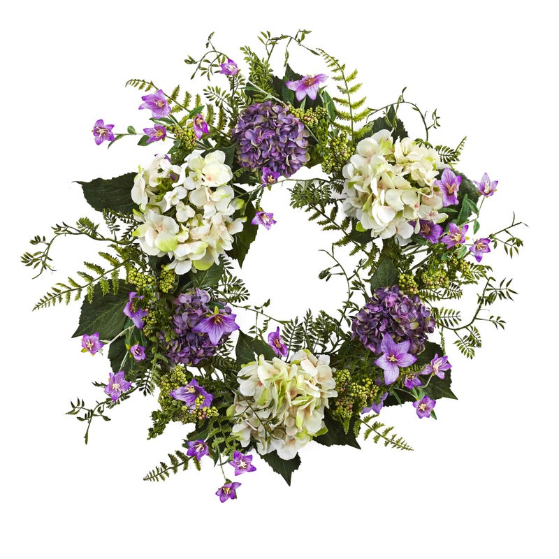 Nearly Natural 24in. Hydrangea Berry Wreaths Purple - Image 1